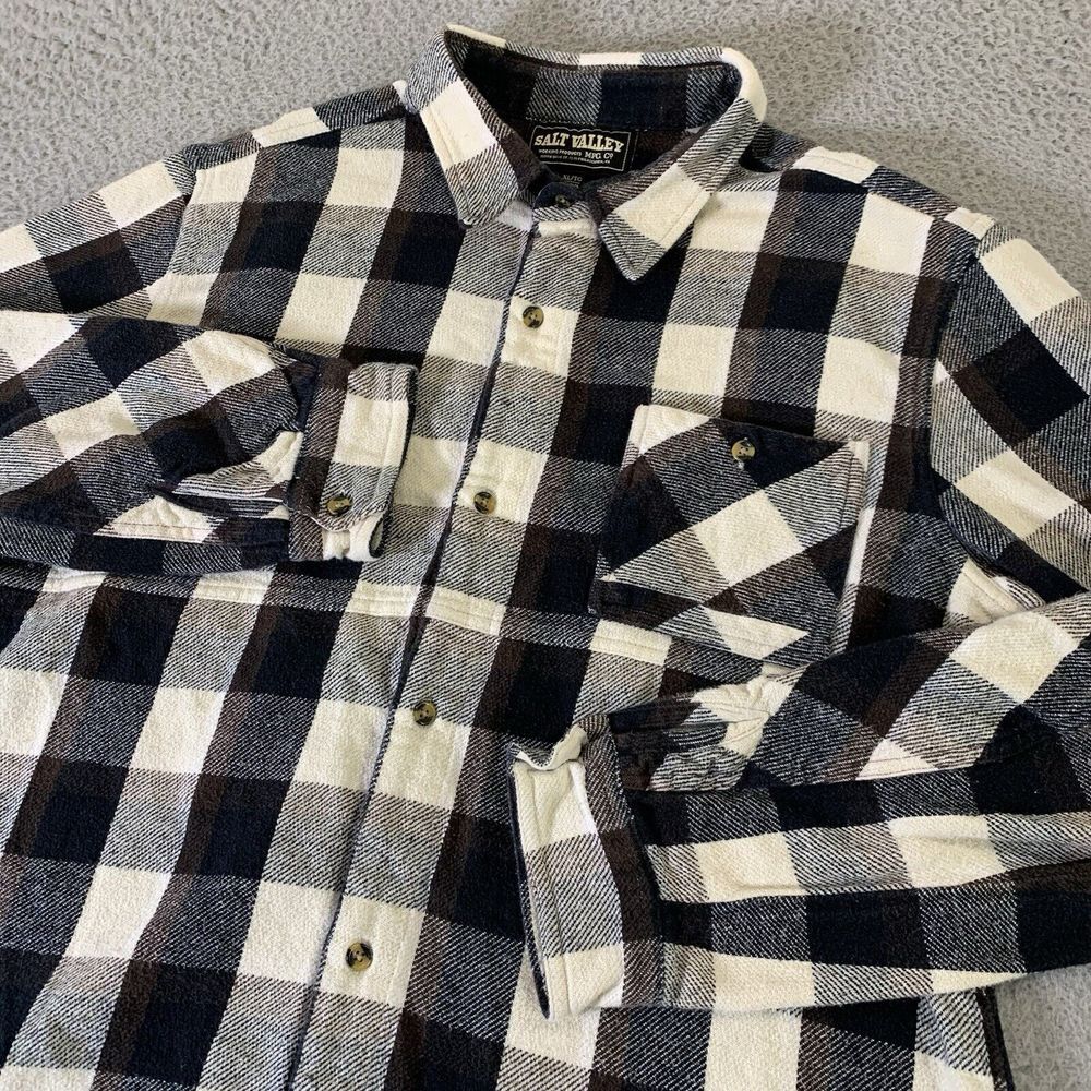 Salt Valley Flannel Shirt Mens XL Button Up Beige Tartan Plaid Heavy Cotton Ranc